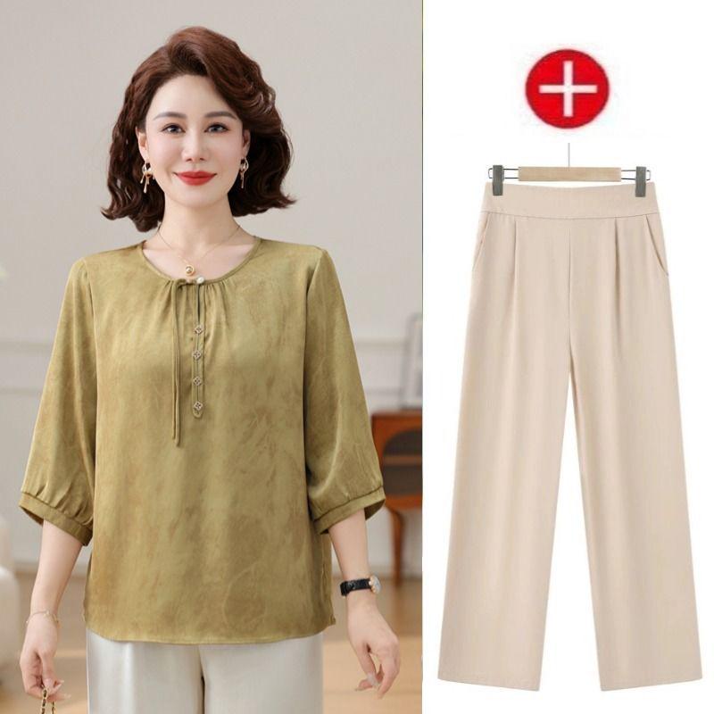 Mother's Day Mid-Sleeve Casual Summer Top & Wide-Leg Pants Set for Middle-Aged Women