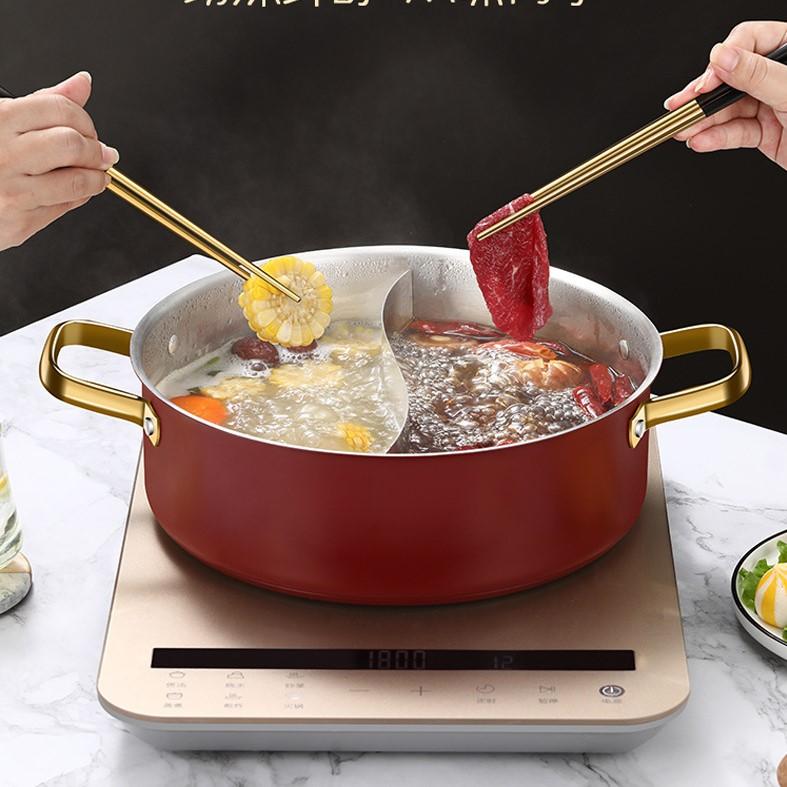 Nerezový hrnec s přepážkou, bezsvařovací horký hrnec, konvice na polévku Shabu Shabu se dvěma příchutěmi, indukční nádobí s poklicí z tvrzeného skla, 12 palců