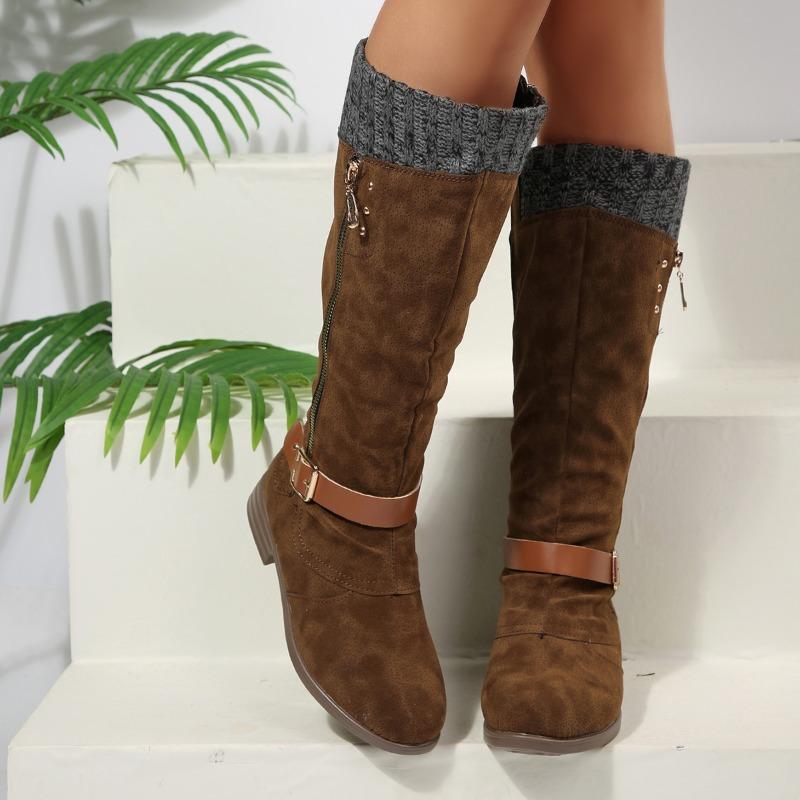 

Fall/Winter New Side Zip Boots for Women Women Fashion Round Scalp Buckle Plus Size No Knee Boots 43 коричневий