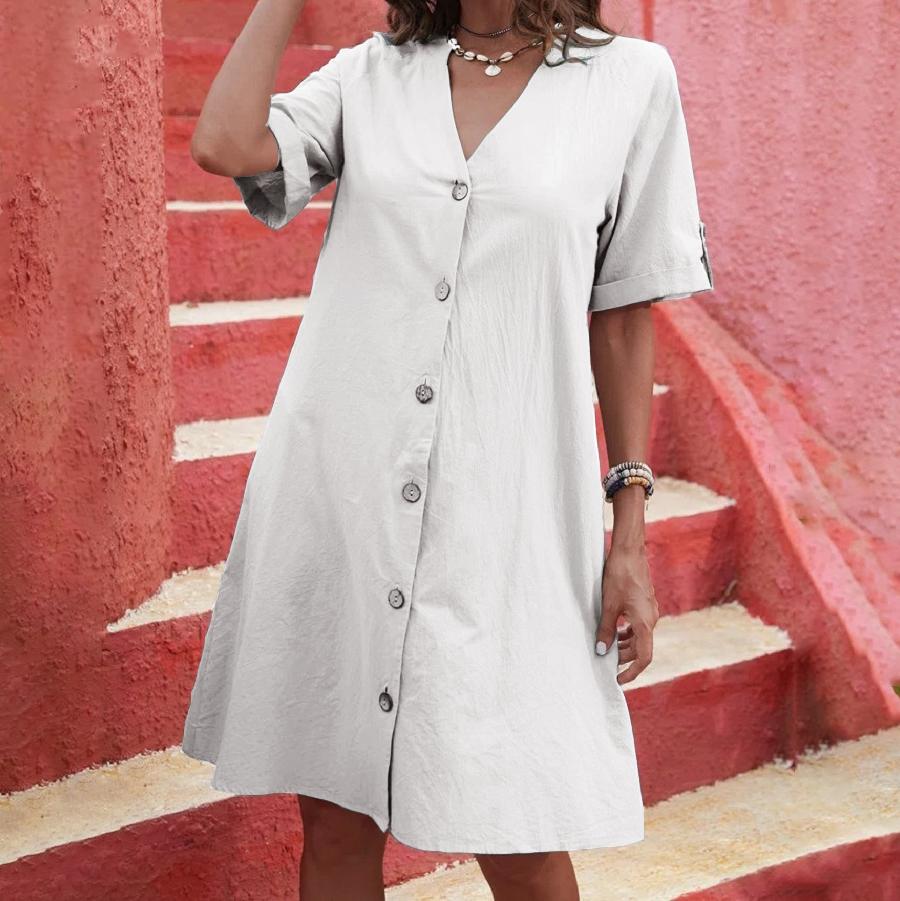 Modischer, mittellanger, einreihiger, lockerer, einfarbiger A-Linien-Rock aus gewaschener Baumwolle mit kurzen Ärmeln und V-Ausschnitt für Damen