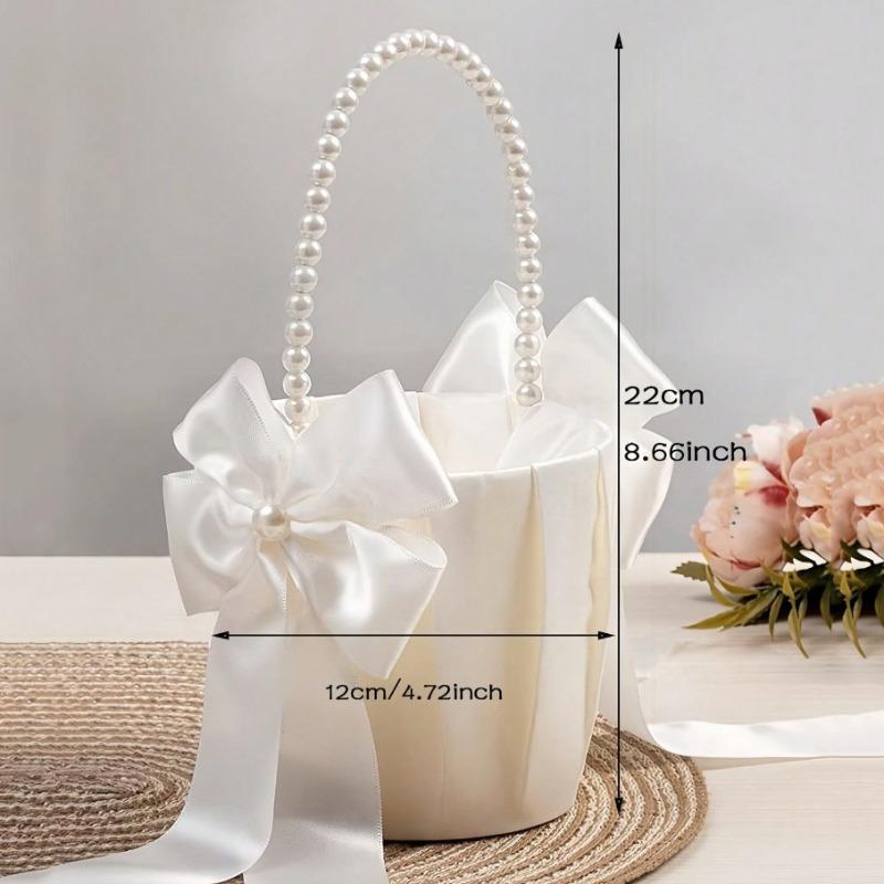 1Pc Bow Faux Pearl Wedding Flower Basket White Bow Flower Basket Satin Flower Basket Suitable For Party Decoration Gifts
