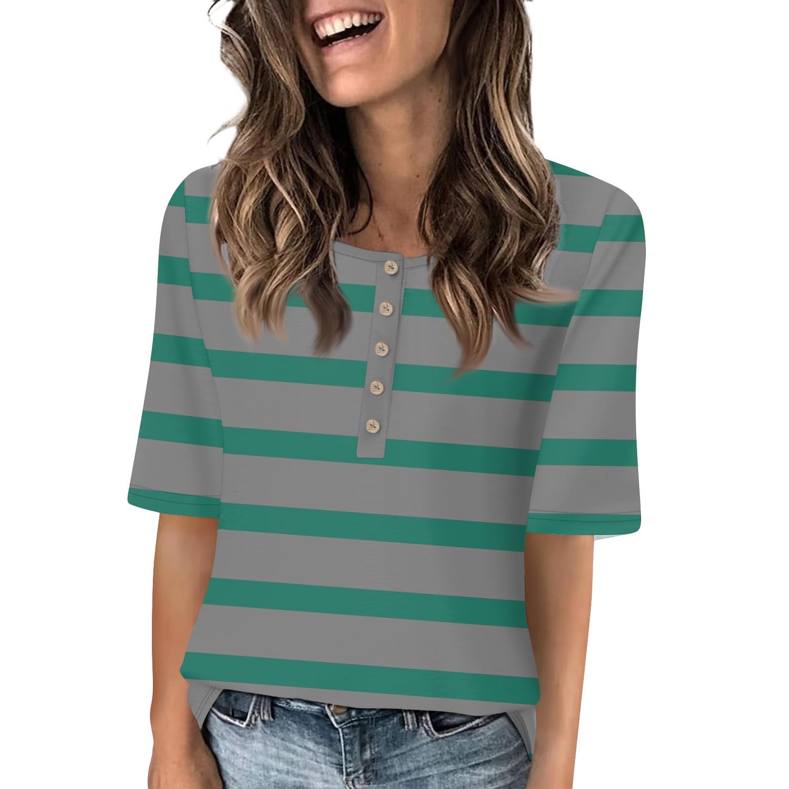 

Рубашки для женщин, модные футболки с круглым вырезом и пуговицами, повседневные летние футболки с принтом, футболка, блузка, топы с короткими рукавами для женщин XXL циан