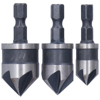3Pcs Chamfer Drill Bit 5 Flute Hex Shank High Speed Steel Woodworking Countersink Hole Opener