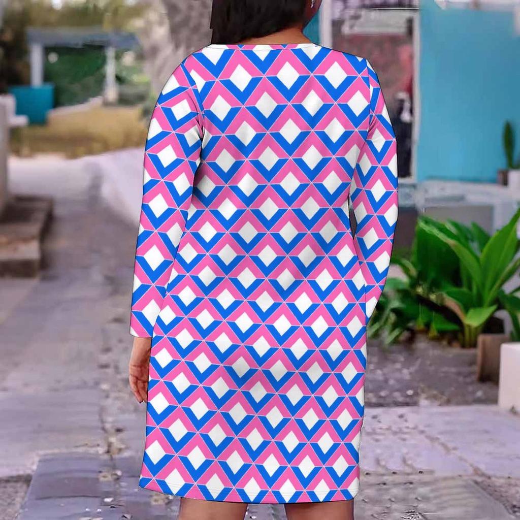 Women Plus Size V Neck Long Sleeve Printed Straight Midi Dress