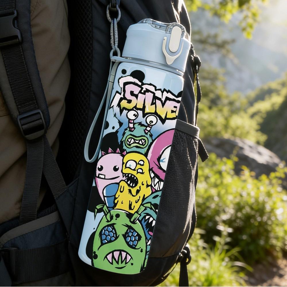 1PC Graffiti Monster Cartoon 750ml sports water bottle leakproof straw lid outdoor office home