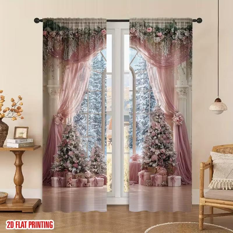 

Set Of 2 Pink Artificial Gauze Print Curtains Suitable Bedroom Living Room Kitchen Decoration Home Window Curtain Polyester Perfect For Sitting W100*H70(CM)-Hooks&2PCS