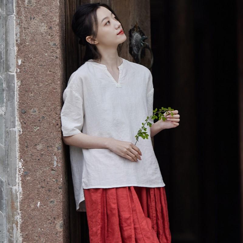 Johnature Damen Vintage T-Shirts aus Baumwolle und Leinen, einfarbig, Sommer-T-Shirts, V-Ausschnitt, kurzärmelig