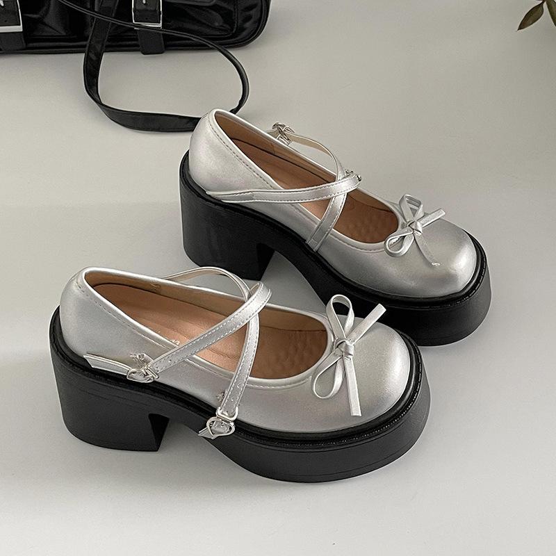 

Silver High Heels Platform Pumps Women 2024 Autumn Bowknot Cross Strap Mary Jane Shoes for Woman PU Leather Thick Heel JK Shoes 40 серебряный