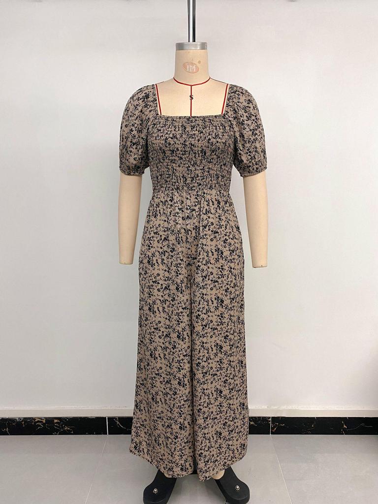 European Summer 2026 Polka Dot Ruched Square Neck Backless Short Sleeve Jumpsuit for Women