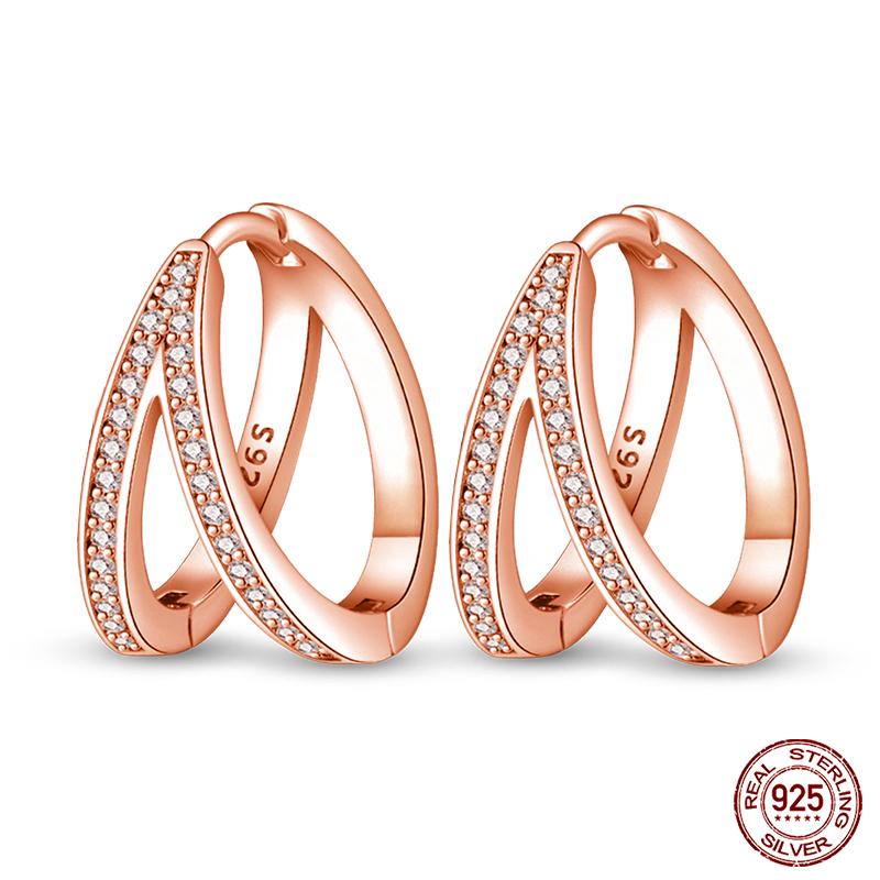 100% 925 Sterling Silver Rose Gold Heart Geometric Pave CZ Hoop Earrings For Women Wedding Engagement Birthday Jewelry Gift 2023