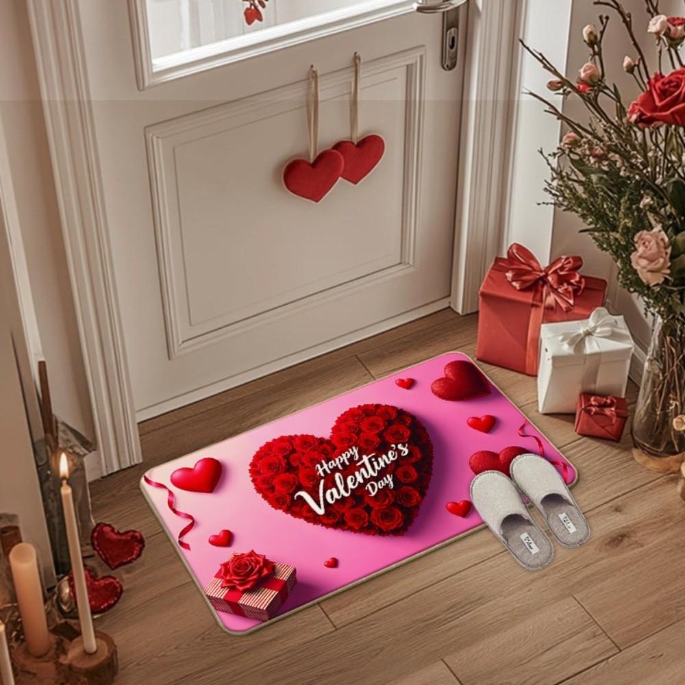 Soft Valentine Day Floor Mat Weaving Texture Rose Door Mat Romantic Heart Anti Slip Mat  Entryway