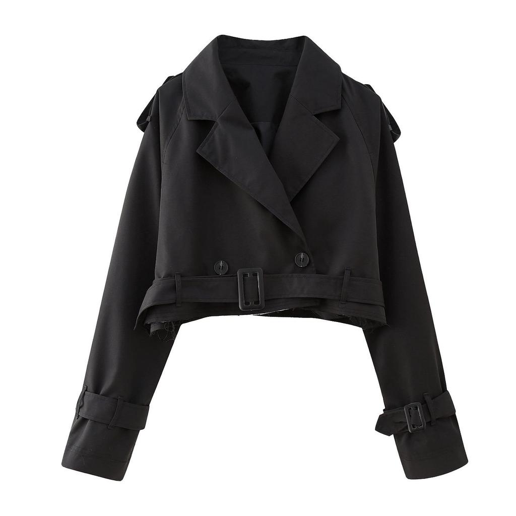 European & American Style Women's Belted Long Sleeve Short Windbreaker Jacket for Spring/Autumn