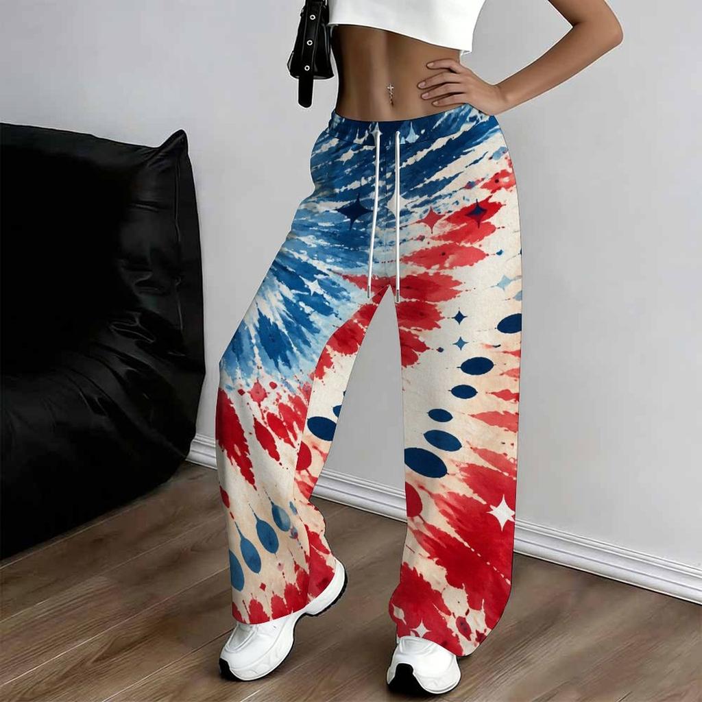 Women Plus Size Loose Straight Leg Full Length Pants Red White Blue Star Stripe Printed