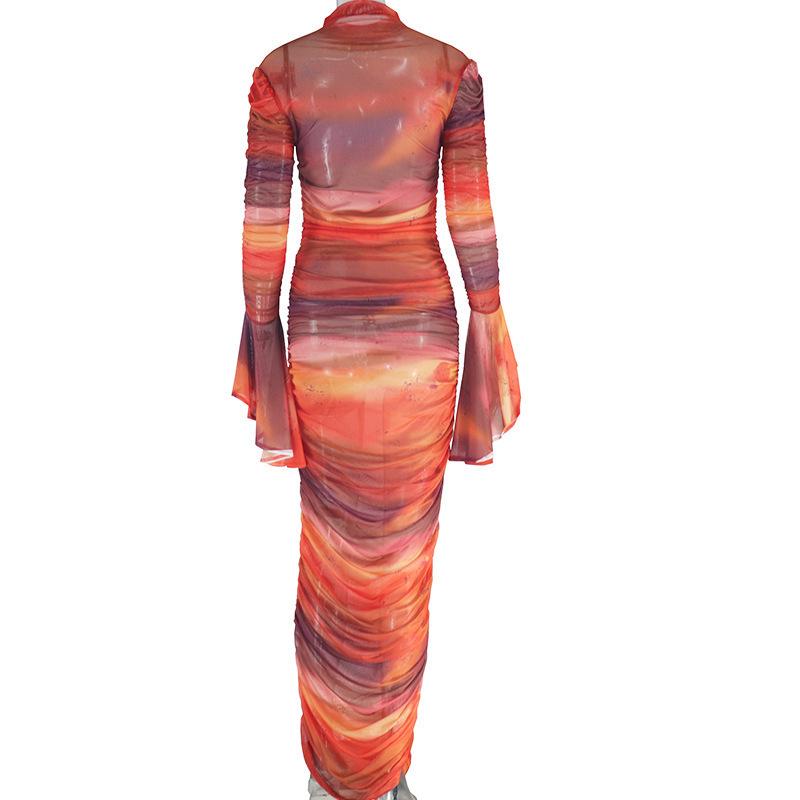 Winter Print Flared Sleeve Pleated Bodycon Dress - European & American Style