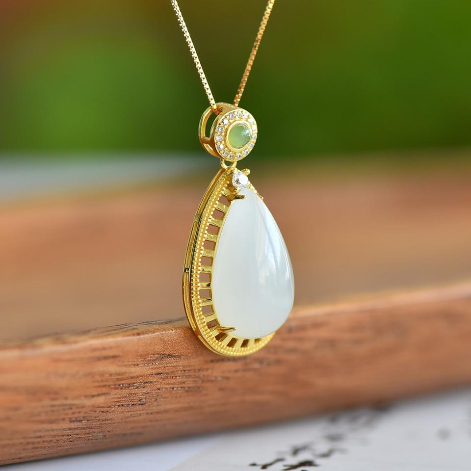 Hotan Jade S925 Silver Inlaid White Jade Water Drop Pendant Necklace