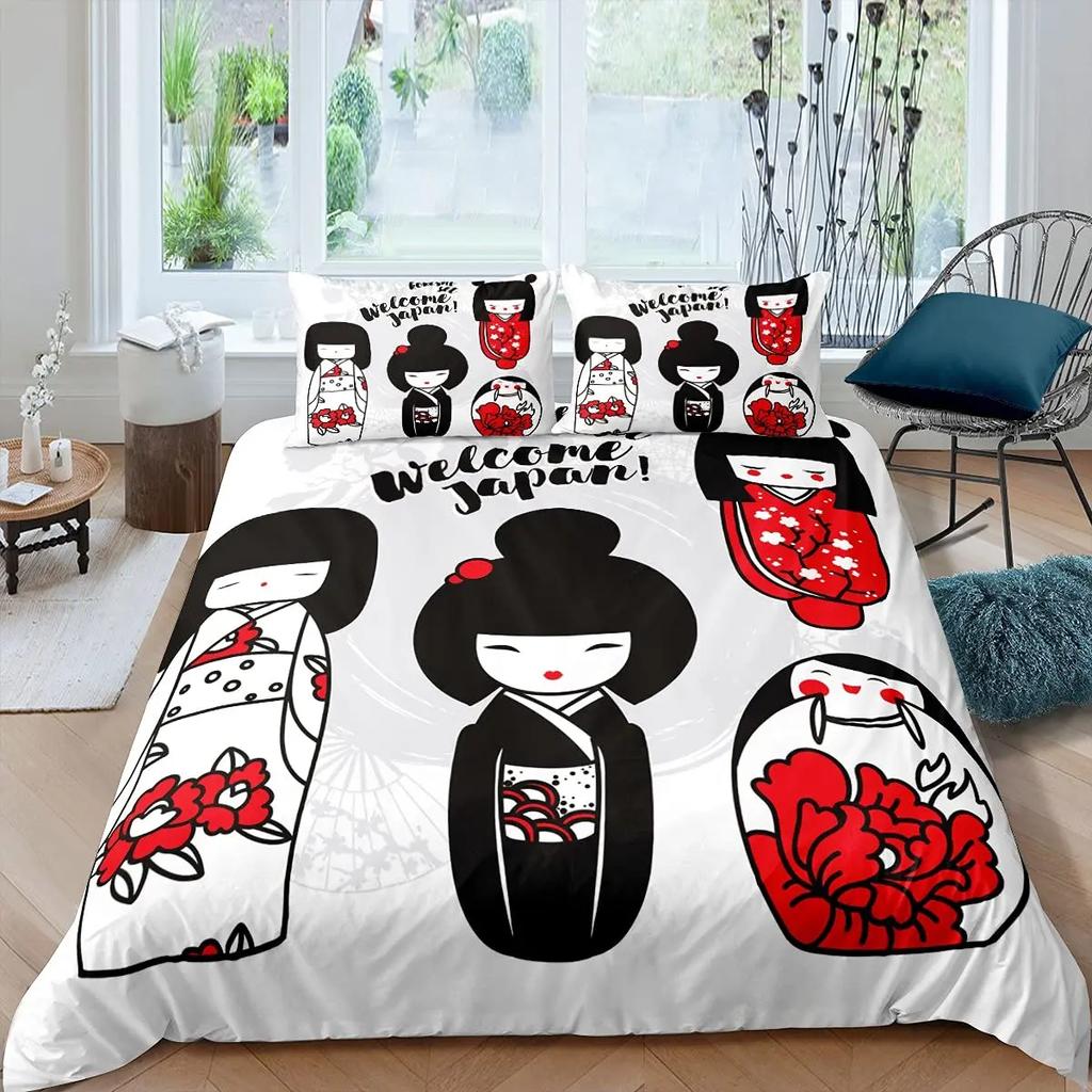 Japanese Geisha King Queen Duvet Cover Red Woman Bedding Set For Kids Teens Adults Koi Fish Eastern Culture 2/3Pcs Quilt Cover