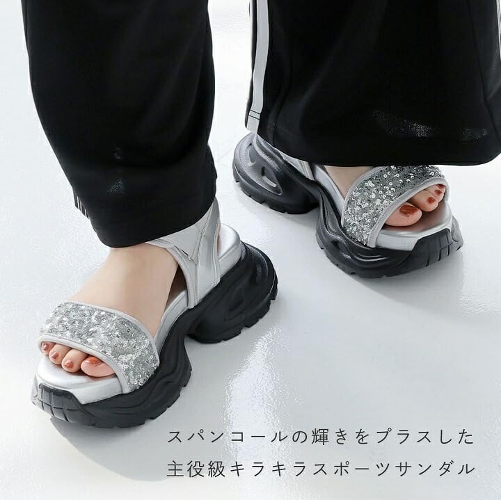 Vivian Women's Platform Sports Sandals with Sequins, Ankle Strap, and Velcro Closure, Black, Size S (22.0-22.5cm), V36001SM