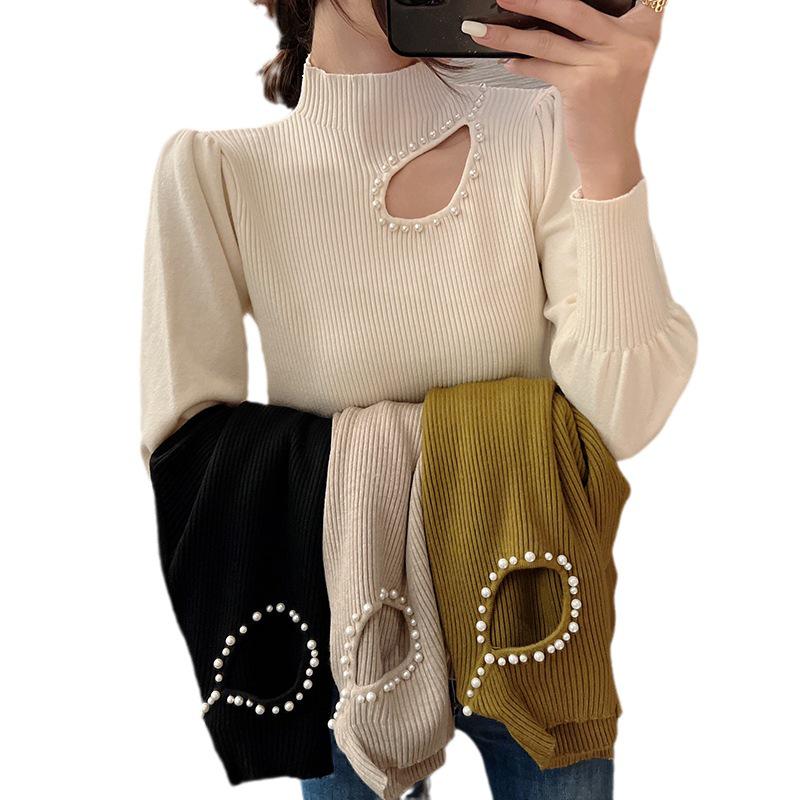 2023 Puff Sleeve Knit Top for Women: Sexy Hollow-Out Beaded Half-High Collar Sweater, Perfect for Autumn/Winter.