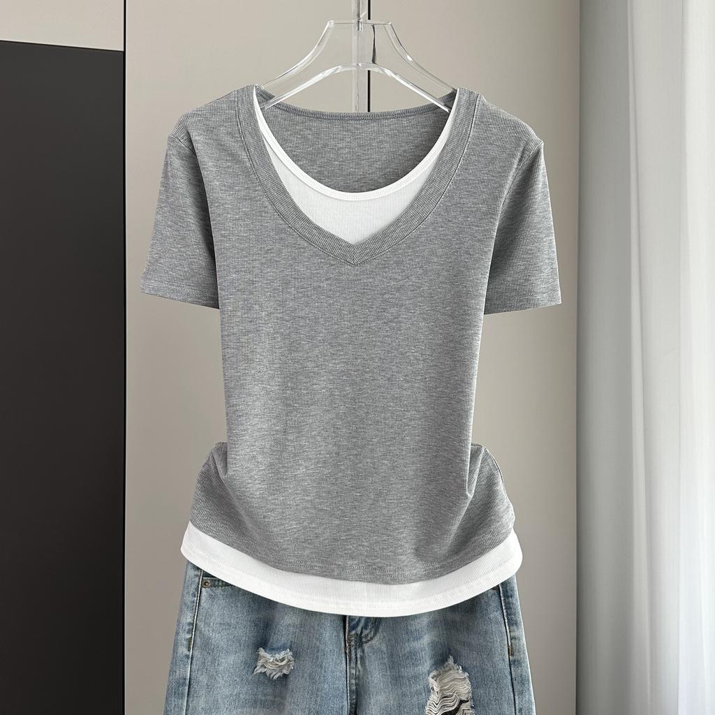 Women's Short Sleeve Tee O Neck Casual Top Plus Size Fake Two Piece Color Block Ribbed Knit Shirt