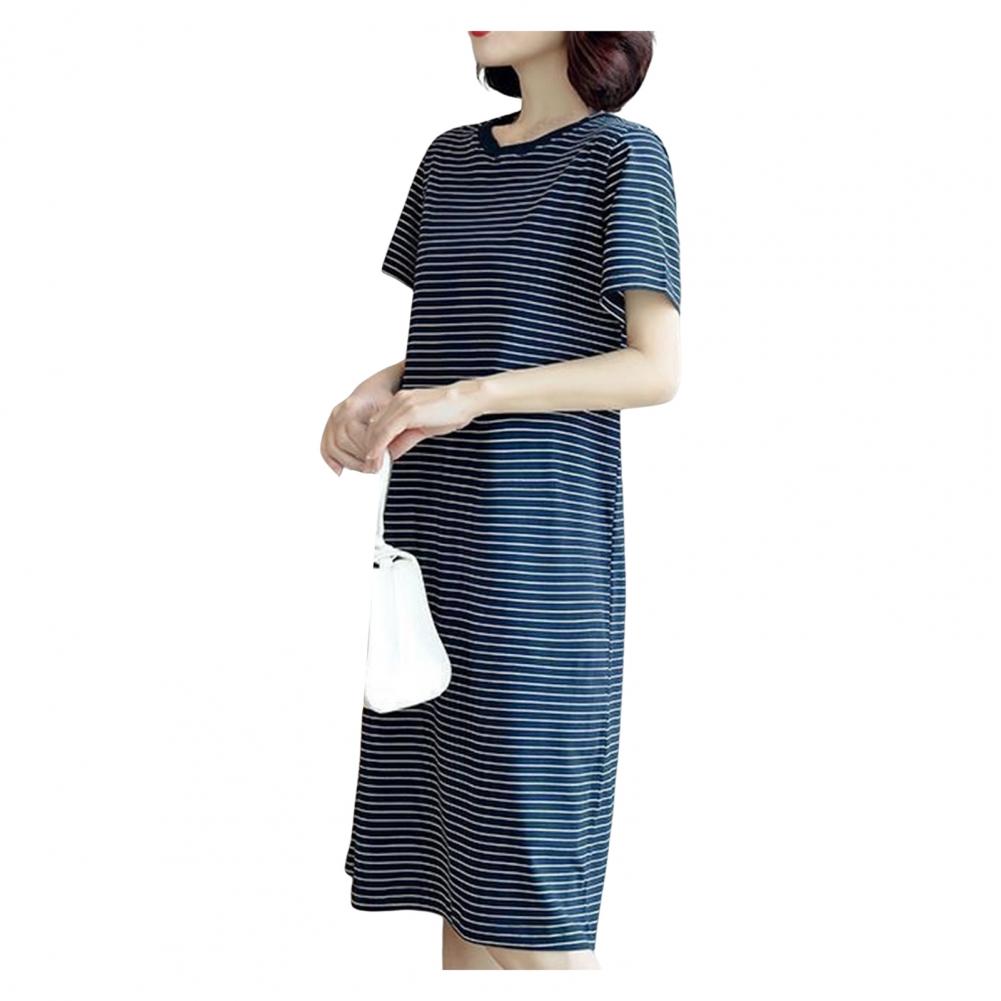 Women Casual Striped Middle Dress Short Sleeve Loose Round Neck Summer Lightweight Comfortable Office Beach Party Dress