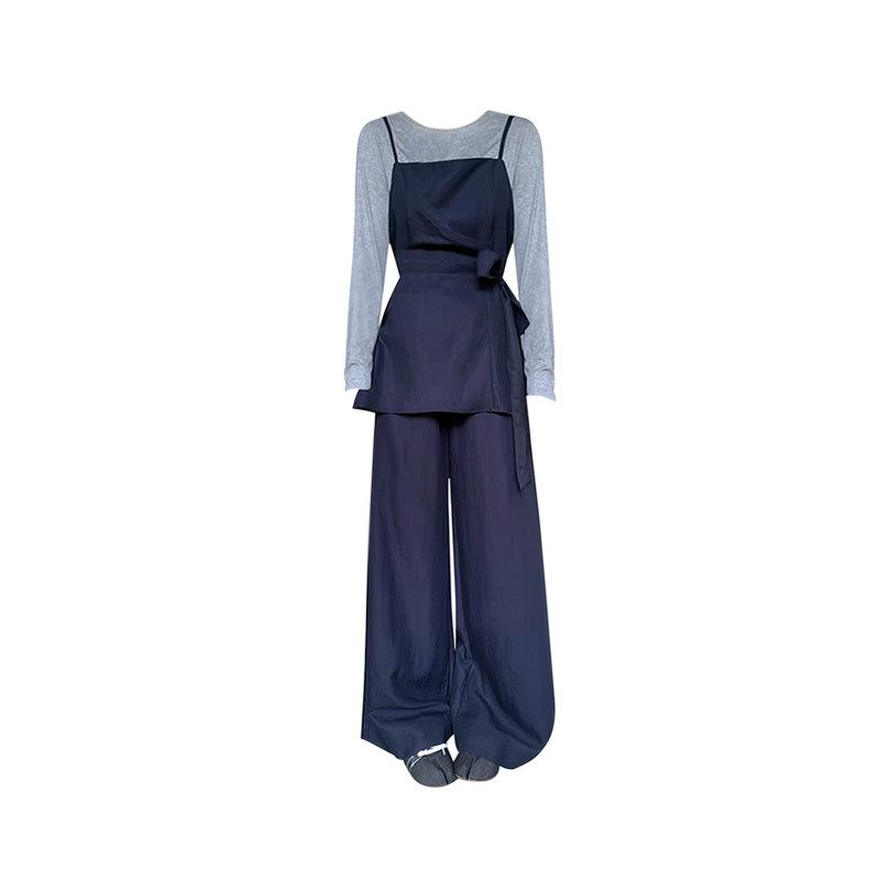 

Korean Series Wear Set Women Early Autumn Side Strap Sling Knitted Top Drape High Waist Slimming Trousers Three-Piece Suit Three-piece suit S