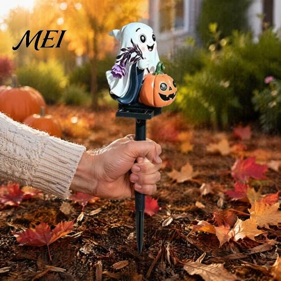 Automatic Dusk To Dawn Lights Solar Ghost Pumpkin Stake Light, LED Auto Light Sensor Outdoor Garden Lamp, Waterproof Halloween Yard Decorations