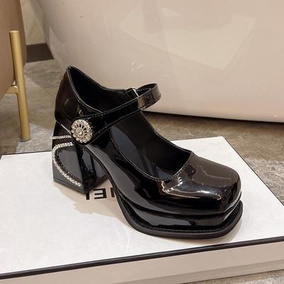 Spring and Autumn New Thick-heeled High-heeled Shoes One-word Buckle Belt Mary Jane Single Shoes Women's Solid Color Square Toe Women's Shoes