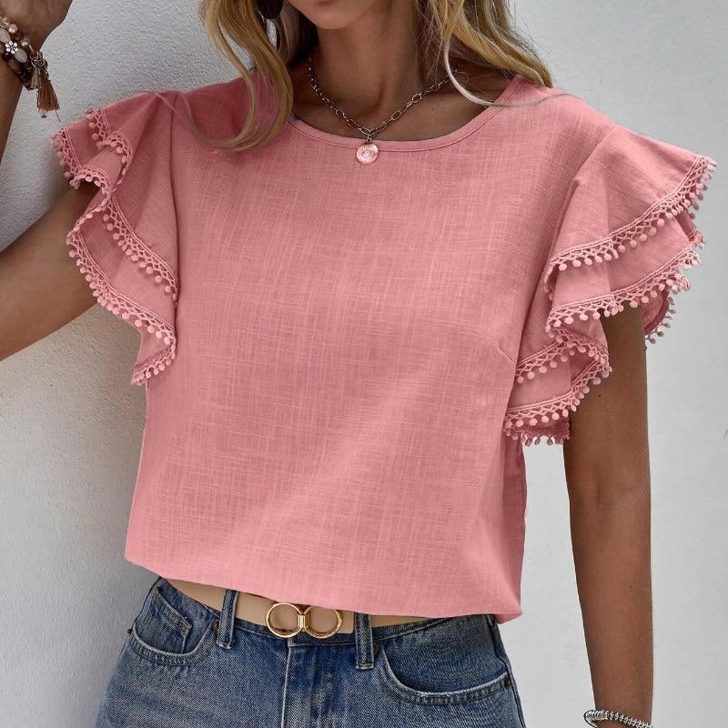 Solid Color Casual Slim Blouses For Women Fashion Summer Vintage Women's Shirts And Blouses Elegant Youth Female Tops