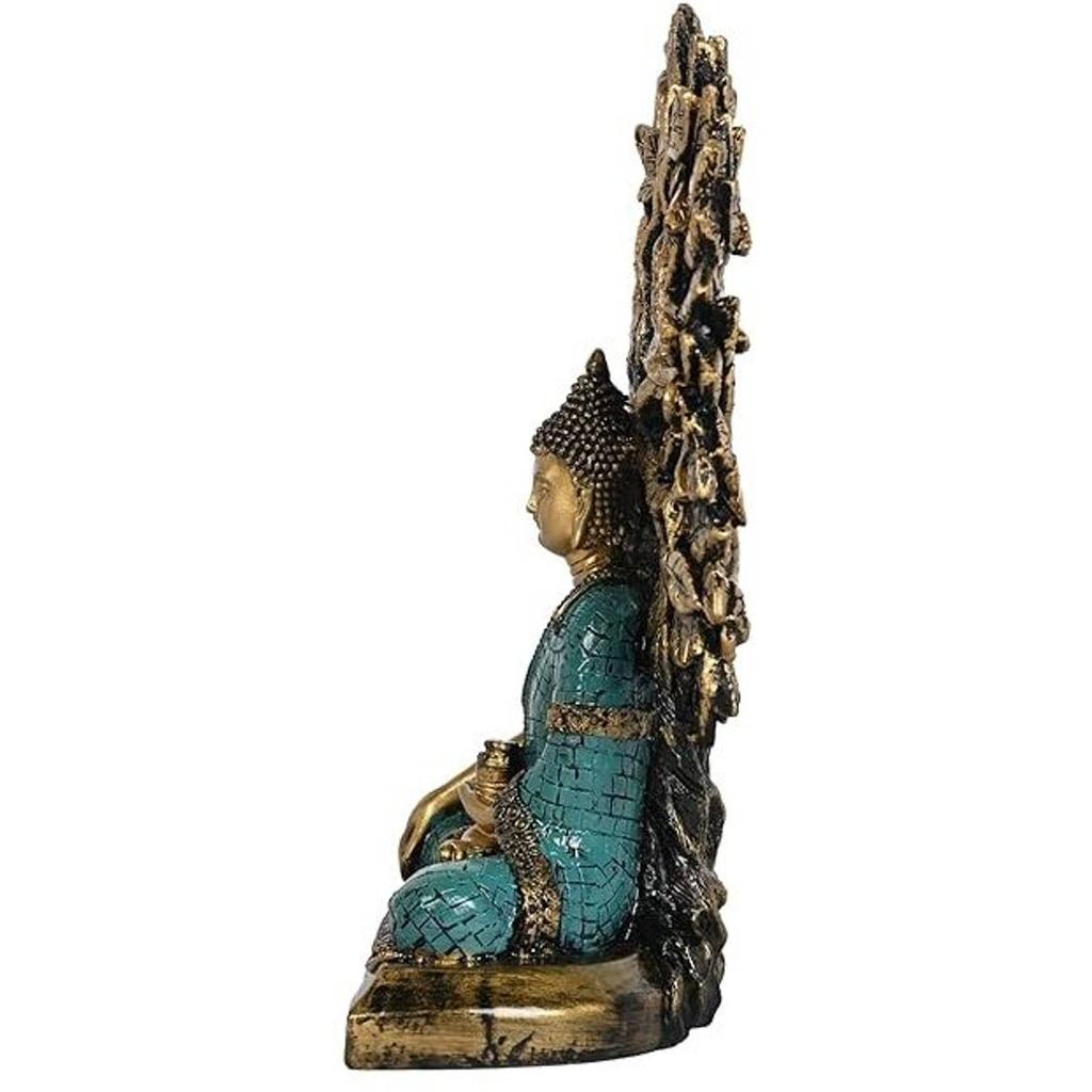 Tree Buddha Statue showpiece Idol Home Decor Items for Living Room and Gifts Decorative Showpiece - 24 cm (Resin, Gold, Green)
