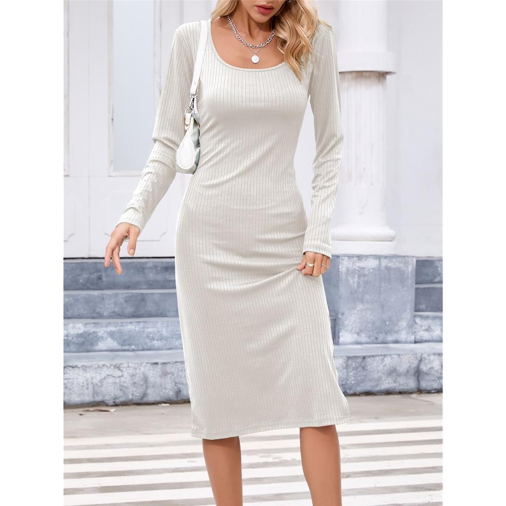 Women's Solid Color Long Sleeve Square Neck Slim and Elegant Long Dress