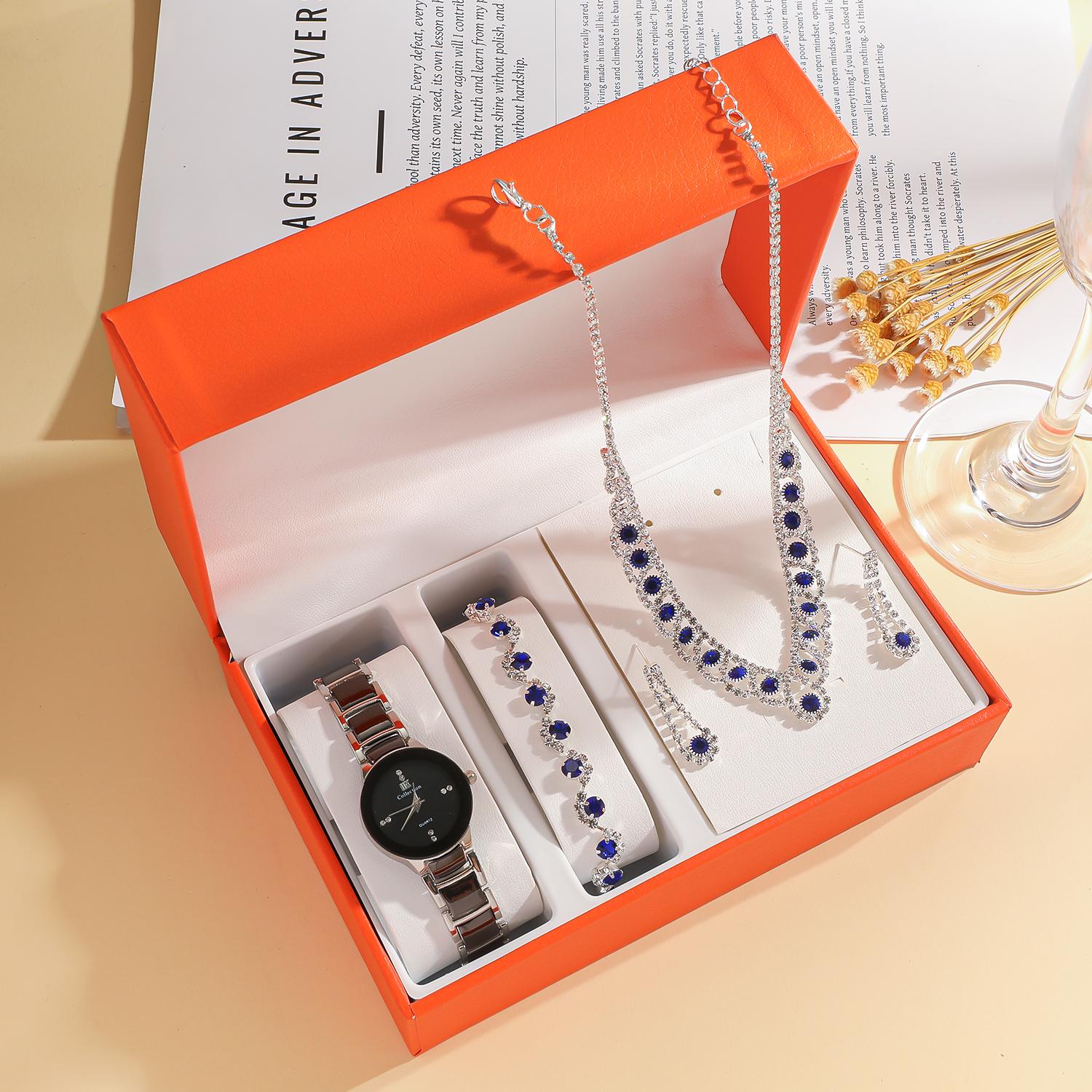 

Подарочная коробка бесплатный модный тренд деловые элегантные часы кварцевые стальной браслет британский стиль с инкрустированными бриллиантами ювелирные изделия набор из четырех предметов чёрный