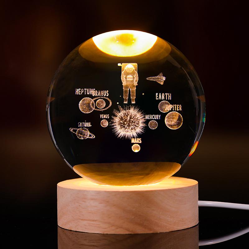 3D Starry Sky Crystal Ball Night Light with Solid Wood Base - Luminous Desktop Ornament & Birthday Gift