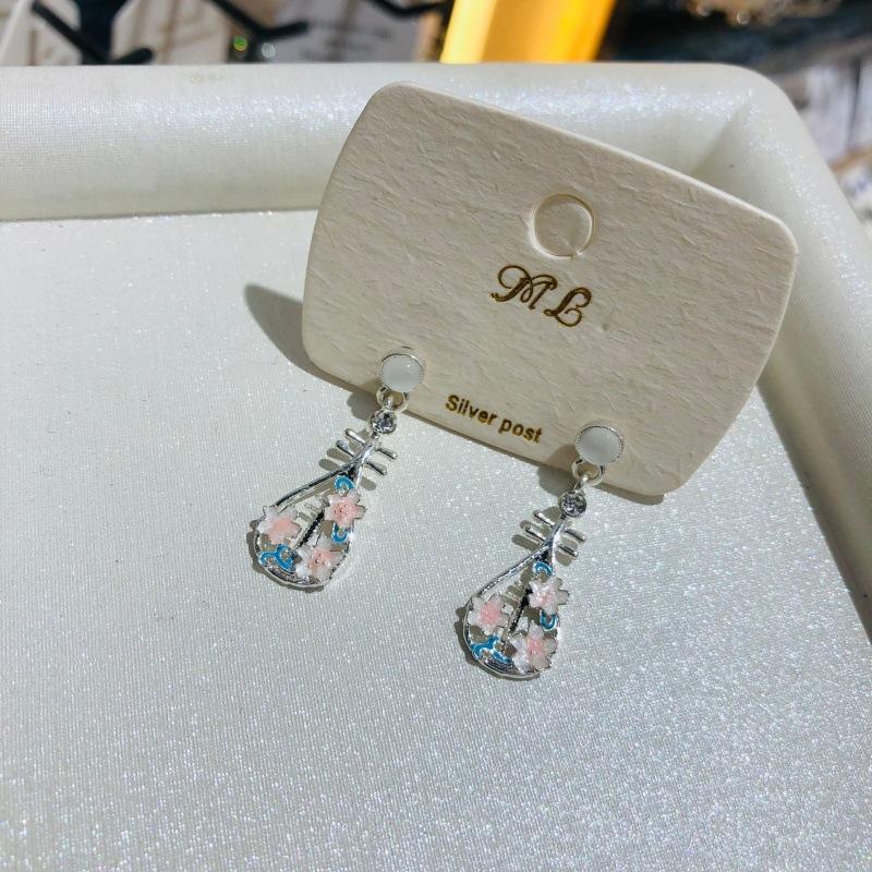 Steel Fun Chinese Style Pink Green Pipa Butterfly Earrings for Women Girl Vintage Chinese Knot Folding Fan Ethnic Style Ear Stud