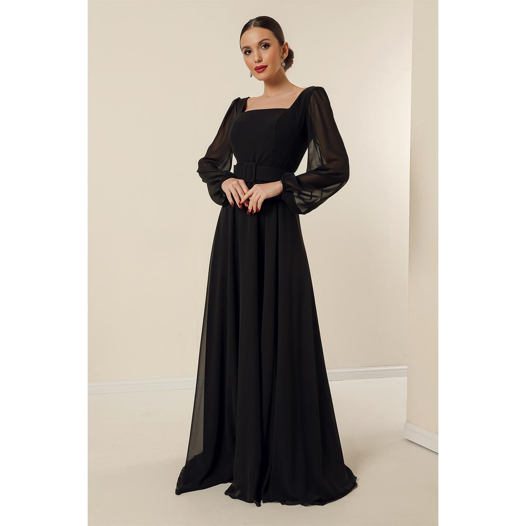 Langes Abendkleid aus Chiffon mit quadratischem Ausschnitt, Gürtel und Taillenfutter
