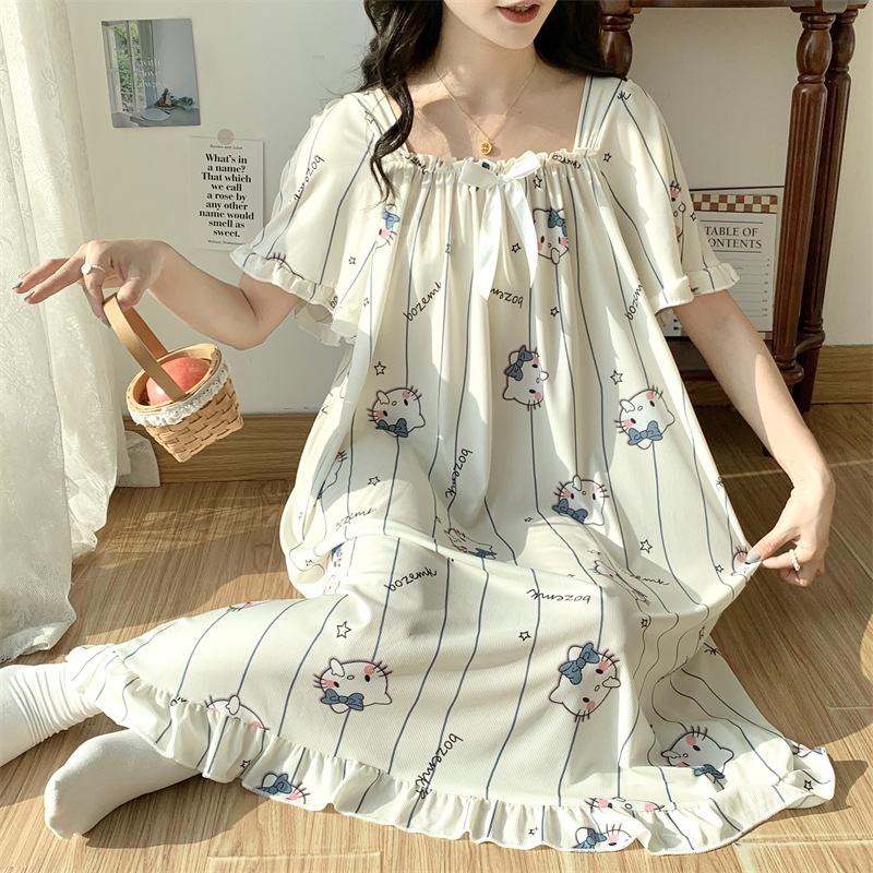 Women's Plus Size Ice Silk Nightdress - Summer Over-the-Knee, High-End, Loose Fit, Thin Section for Sizes Up To 300 Jin