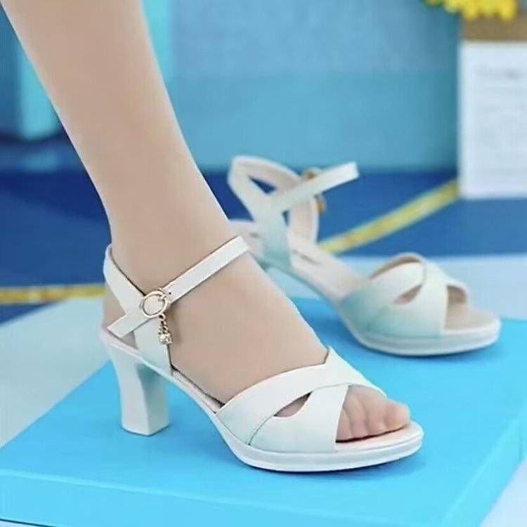 Soft Leather Mid-heeled Sandals Summer New One-word Buckle Soft-soled High-heeled Sandals