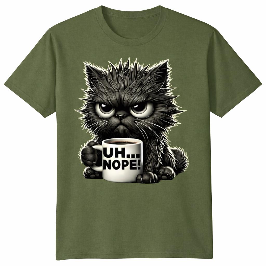 Grumpy Animal Uh Nope Cat Coffee Graphic Tee Funny Unisex T-Shirt XXL