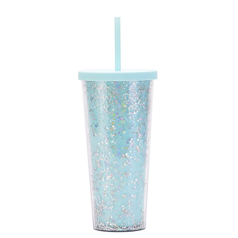 24Oz Double-Layer Plastic Cup Men'S And Women'S Sequined Shallots Glitter Creative Water Cup With Straw