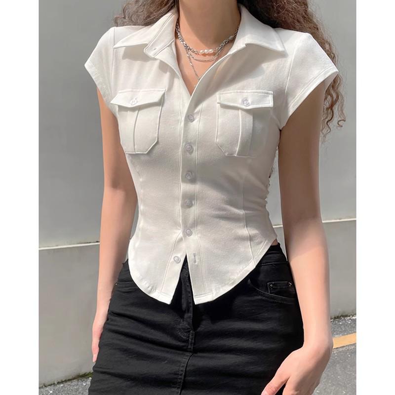 Hongkong-Stil Weiß Slim Fit Polokragen Kurzarm Damen Sommerhemd