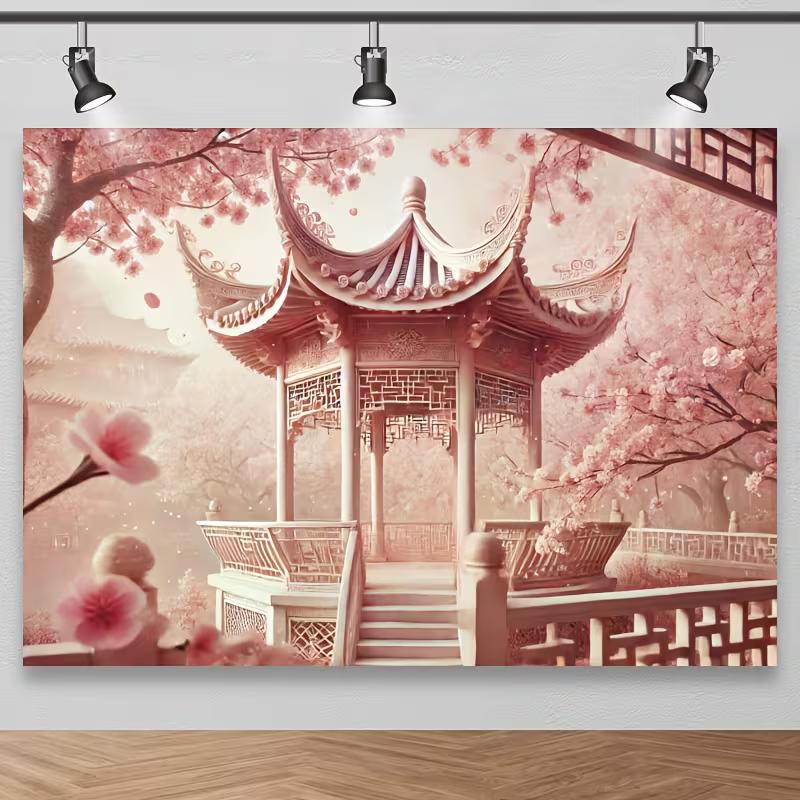 

2D Romantic Pastel Cherry Blossom Pavilion Backdrop Oriental Garden Background for Events 47.2x31.5inch/120*80cm
