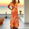 Women Plus Size Short Sleeve V Neck Maxi Dress Coral Diagonal Leopard Splicing Print Loose Summer Beach Long Dress