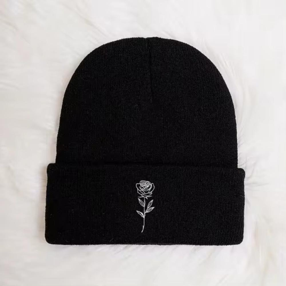 

Cotton Beanies Hats Rose Embroidered Winter Hats Casual Bonnet Caps чёрный