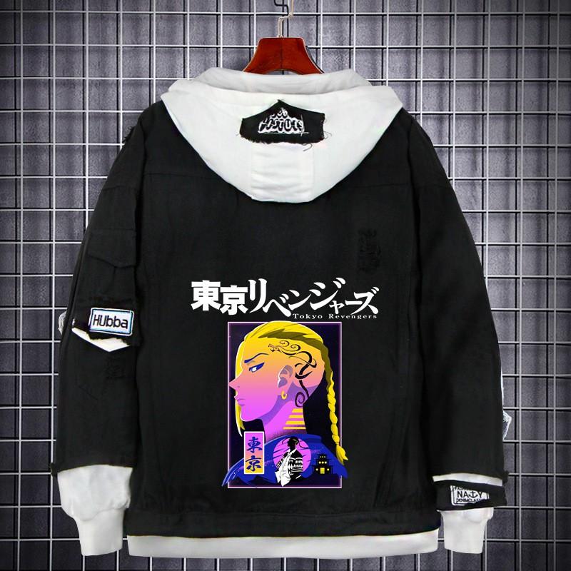 Tokyo Revengers Anime Denim Jacket Fake Two-piece Hoodie Men Youth Streetwear