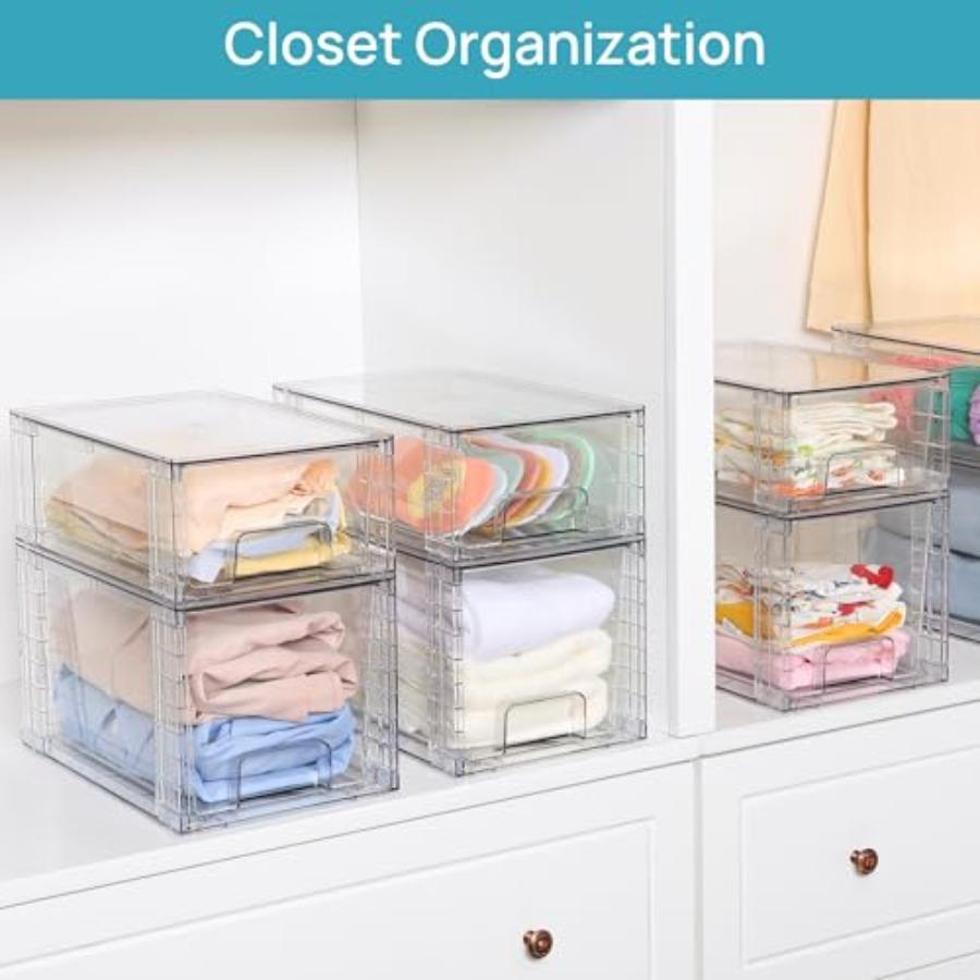 4 Pack Large Stackable Storage DrawersEasily Assemble Acrylic Bathroom Closet Undersink Organizers and Storage Plastic Bins for