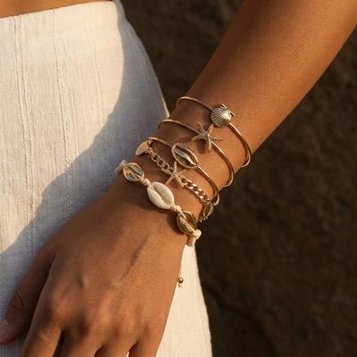 5Pcs Elegant Bracelet Set for Women Boho Mixed Cowrie Shell Gold Color Starfish Bangle Summer Beach Vacation Jewelry Gift
