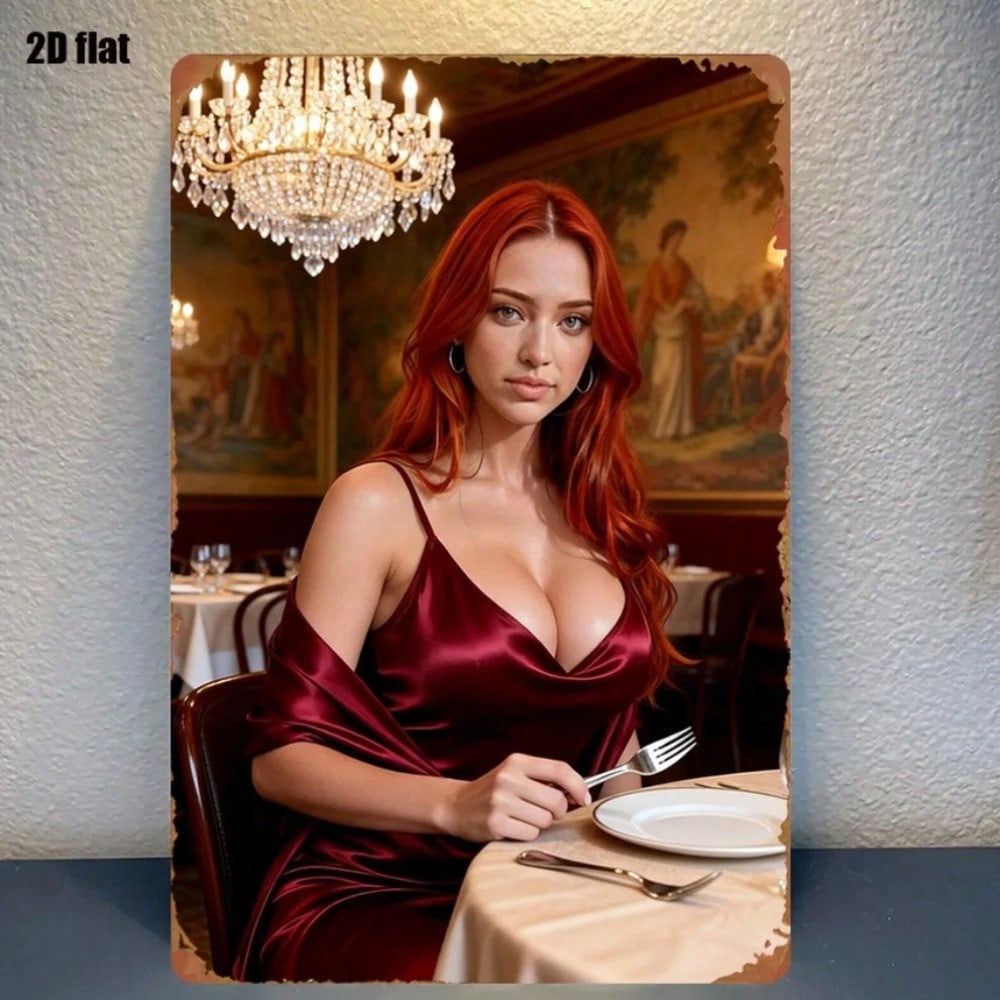 Vintage Metal Wall Poster Redhead Woman Chandelier Home Decor