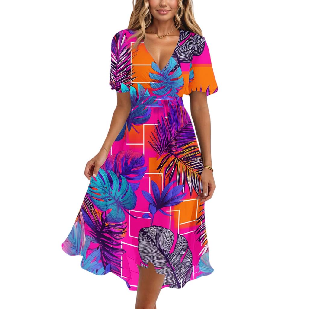 Vestido Casual de Mujer con Cuello en V de Manga Corta, Estampado Floral Vintage, Largo hasta la Rodilla, Ligero para Verano, con Falda Acampanada y Corte Relajado