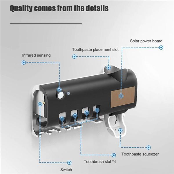 Stérilisateur de brosse à dents 3 en 1 à lumière UV, distributeur automatique de dentifrice, support de brosse à dents intelligent, organisateur de dentifrice, ensemble de salle de bain solaire