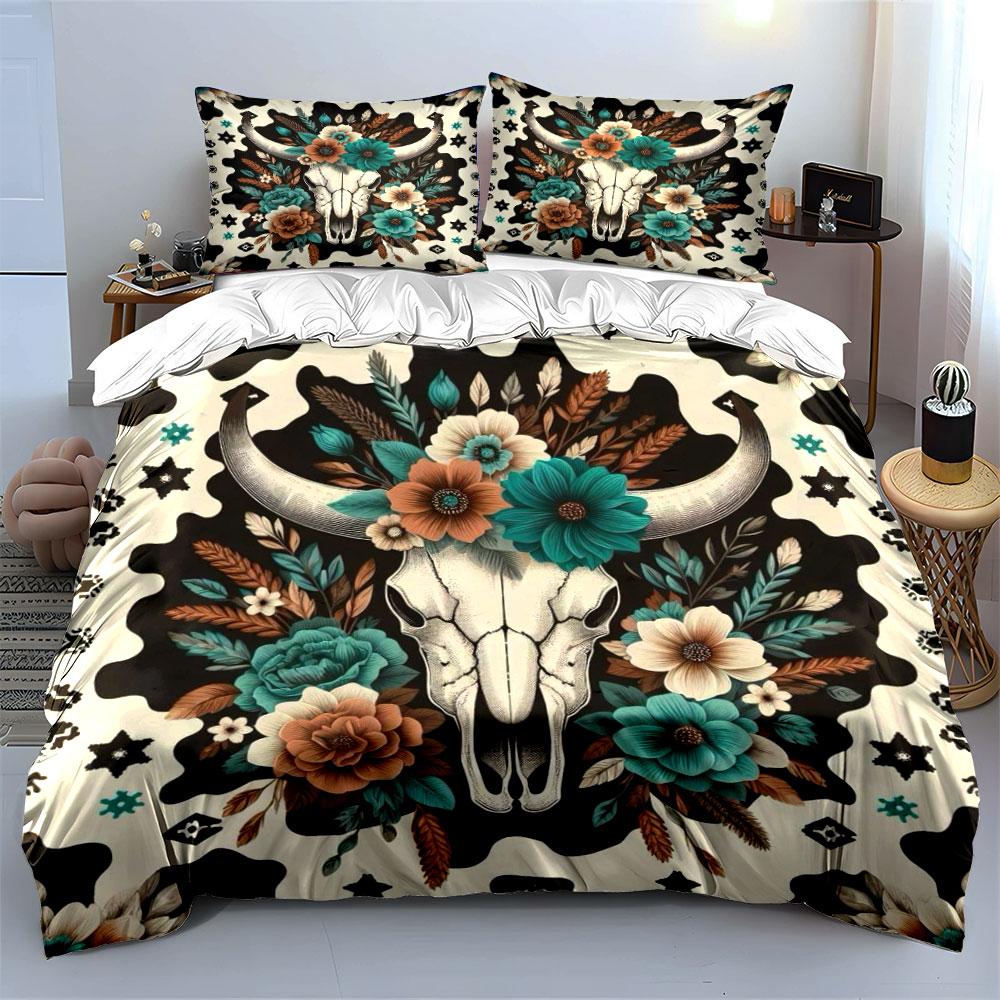 Floral Bull Skull Bedding Set Bedding Duvet Cover Set Duvet Cover Pillowcases (1 * Duvet Cover 2 * Pillowcases, without duvet insert)