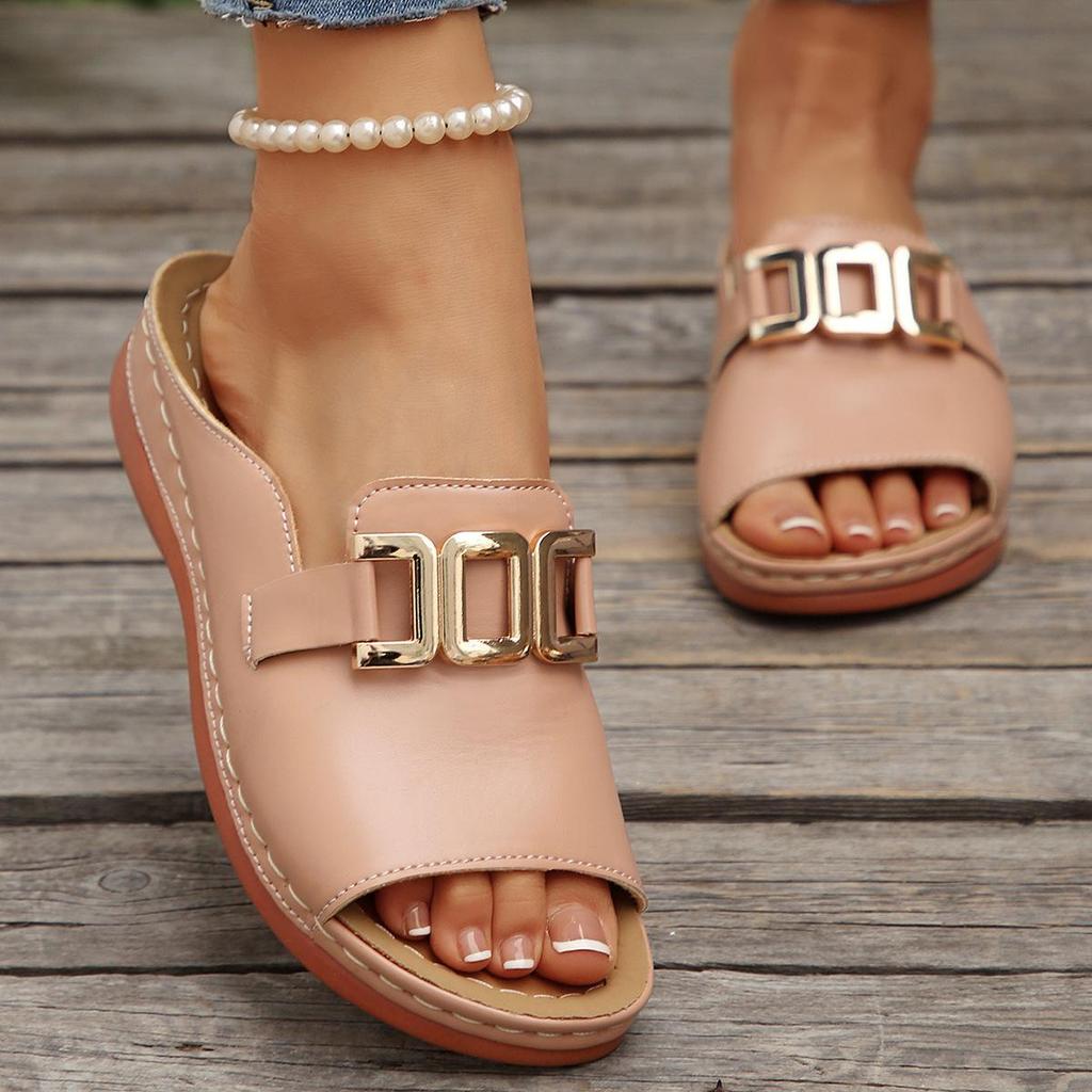 Strand-Hausschuhe mit Schnalle und offener Spitze für Damen, modische flache Sandalen mit Metallschnalle und Fischmuster, Damensandalen